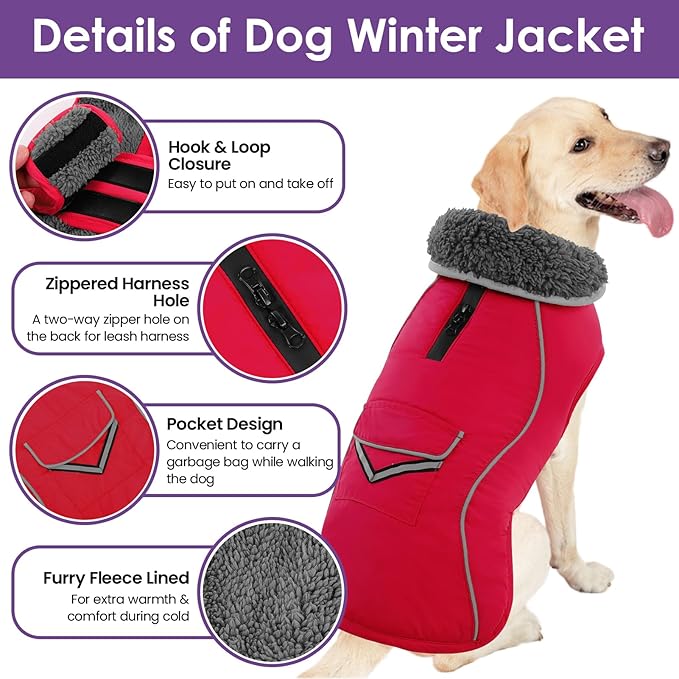 SUNFURA Dog Winter Coat, Medium Dog Coat Jacket with Fleece Lining for Cold Weather, Warm Puffer Jacket Turtleneck Snowsuit with Leash Hole for Jack Russel, Boston Terrier, Red M