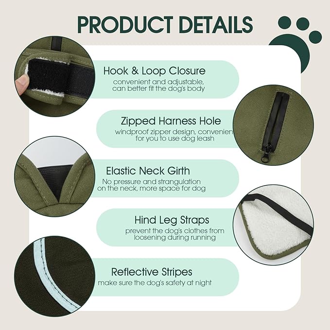 Kuoser Canvas Dog Coat, Warm Dog Jacket Reflective Fleece Pet Cold Weather Coat, Warm Doggie Clothes Waterproof Winter Vest with Zipper Leash Hole for Small Medium Large Dogs, Army Green M