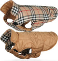VIVAGLORY Softjoy Dog Coat, Dog Jacket for Winter & Christmas, Coat with Harness Hole & Velcro Closure, Reversible Plaid Checkered Warm Fluffy Heavy Duty for Puppy, XS, Khaki