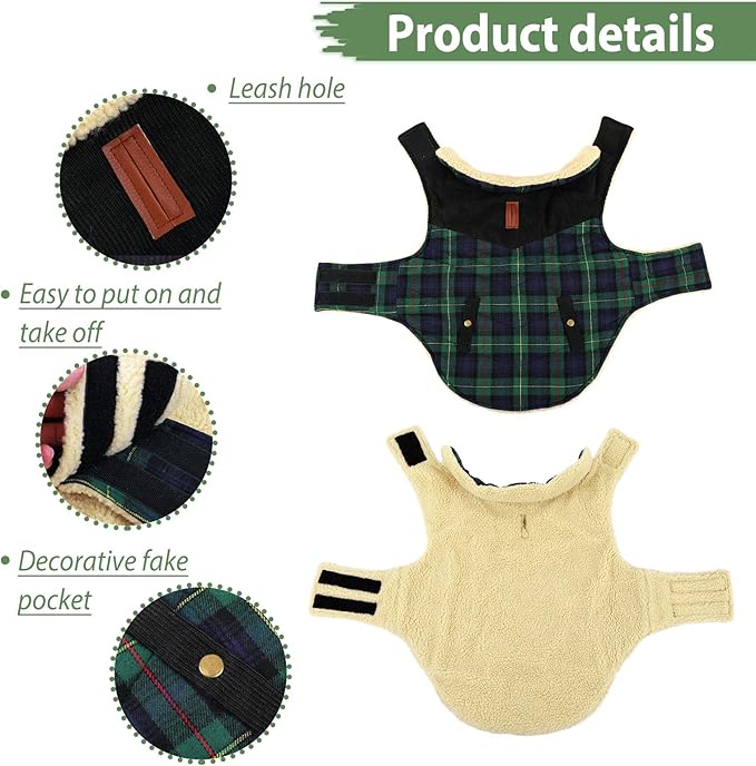 Winter Coat for Small and Medium Dogs, Puppy Plaid Jacket, Cotton Coat for Cold Weather, Windproof Warm Dog Garments, Pet Thickened Outfits Indoor Outdoor, Green XL