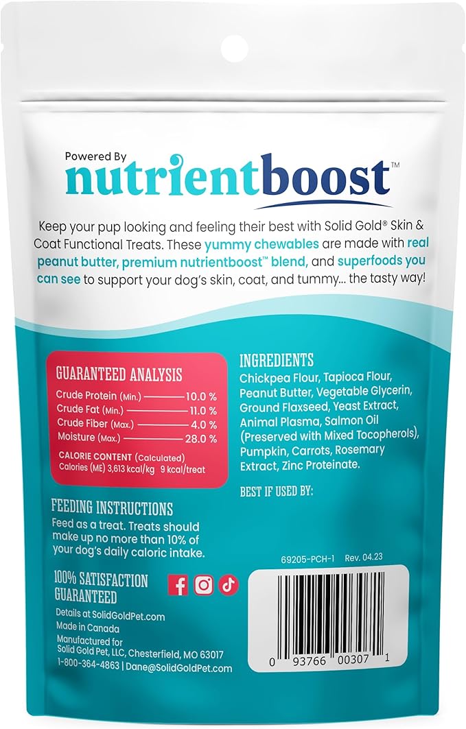 Solid Gold Healthy Dog Treats - Functional Peanut Butter Dog Treats w/Salmon Oil & Superfoods for Skin & Coat + Gut Health - Gluten Free Healthy Training Treat for Dogs of All Ages & Sizes - 5.2oz