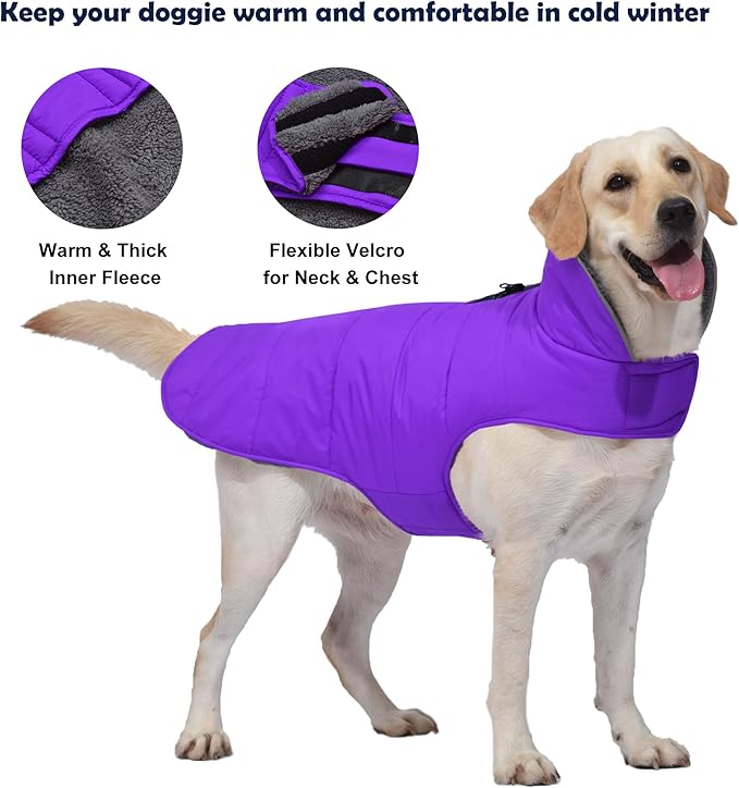 Dog Winter Coat, Waterproof Dog Jacket with Leash Hole, Reflective Adjustable Pet Snow Vest, Warm Fleece Sweater for Small Medium Large Dogs - Purple, XL