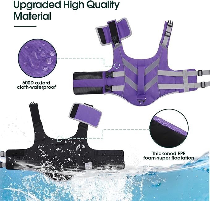 Kuoser Life Jacket with Reflective Stripes, Adjustable High Visibility Dog Vest Ripstop Lifesaver Pet Life Preserver for Small Medium and Large Dogs