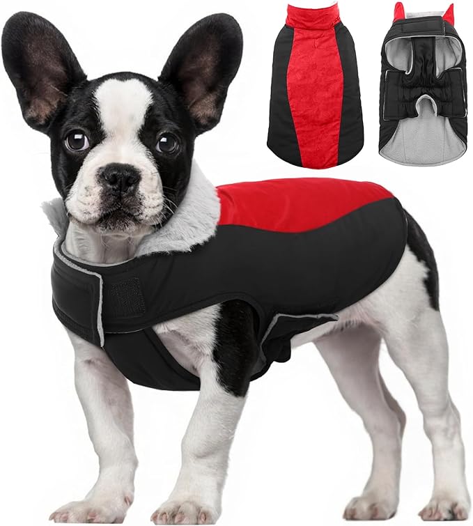 Warm Dog Coat,Waterproof Jacket in Winter Adjustable and Reversible Doggy Fleece Outfit,Thick Clothes with Foldable Collar for Puppy in Cold Days,XS Red