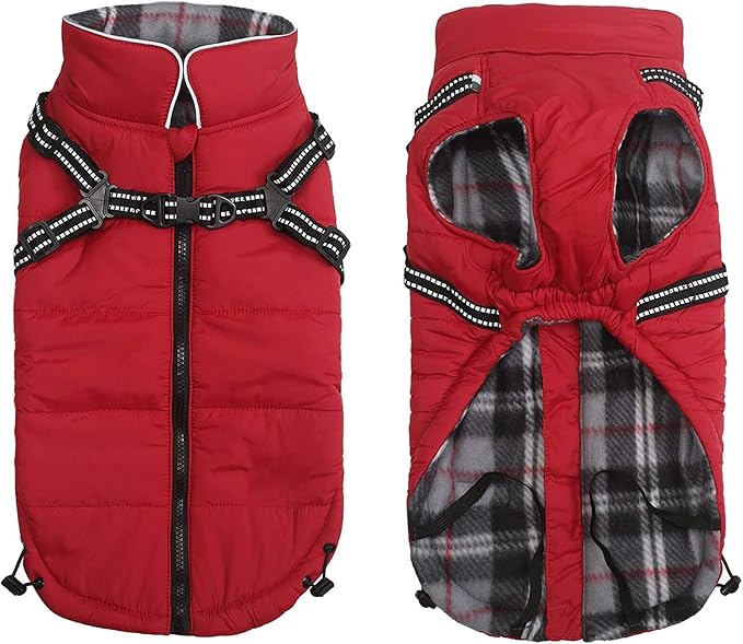 Geyecete Winter Warm Coat Waterproof Dog Jacket with Harness Traction Belt,Pet Outdoor Jacket for Small Dogs-Red-XS