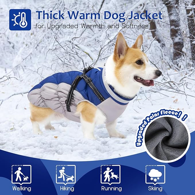 Dog Winter Coat with Harness, Dog Jacket, Pet Clothes with Zipper on Back, Waterproof Windproof Warm Vest, Reflective Cold Weather Coats, for Small Medium Large Dogs, Thick, Blue, 2XL