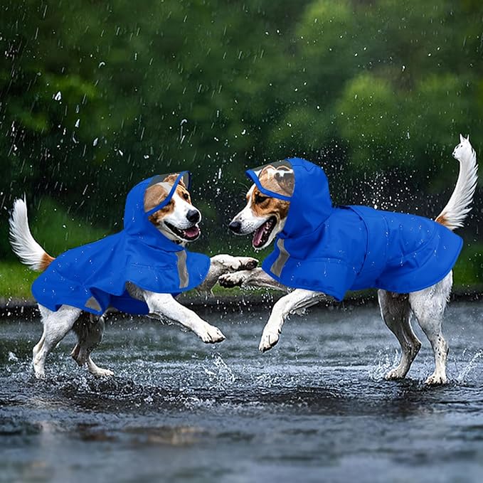 Kuoser Dog Raincoat, Waterproof Dog Rain Jacket with Clear Hooded Double Layer, Lightweight Reflective Dogs Rain Coat with Adjustable Belly Strap, Rain Coats for Medium Dogs Outdoor Wear, Blue M