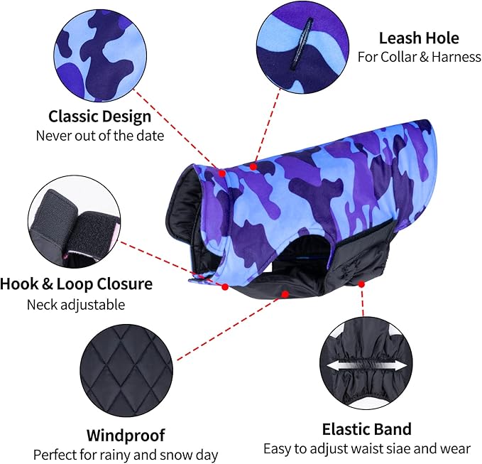 Bone Cute Winter Dog Jacket with Windproof & Waterproof Coat - Reversible Dog Vest in Small, Medium, Large - Thick Soft Coat with Leash Hole for Cold Weather
