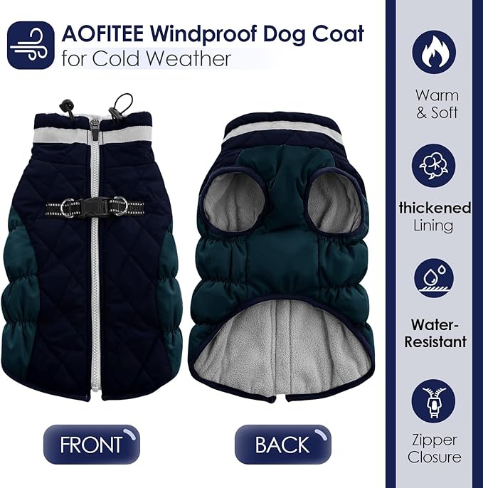 AOFITEE Dog Coat, Warm Dog Winter Coat, Reflective Cold Weather Dogs Puffer Jacket with Harness Built in, Waterproof Pet Fleece Vest Snowsuit for Small Medium Large Dogs, Navy L