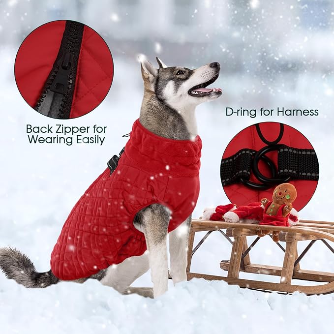 Kuoser Medium Dog Coat | All-Breed Thermal Wear with Windproof Layer | Reflective Tabs Enhance Visibility in Snow, Snap Buckles Simplify Dressing, Red L