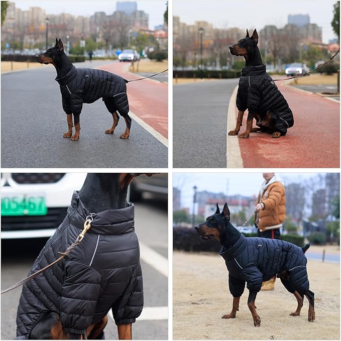 Lovelonglong Dog Coat Dog Warm Jacket, 4 Legs Covered Waterproof Windproof Reflective Warm Dog Vest, Zippered Adjustable Outdoor Dog Snow Jacket for Small Medium Large Dogs Black L
