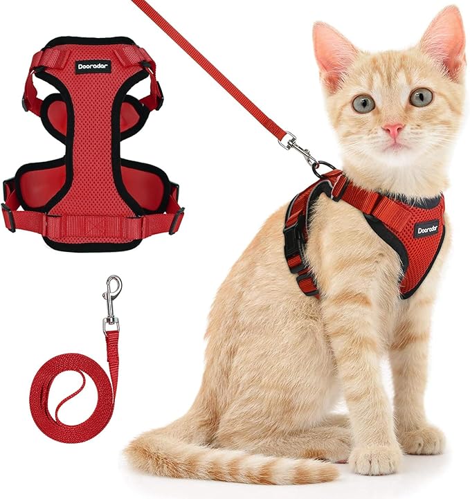 Dooradar Cat Harness and Leash Set, Escape Proof Safe Adjustable Kitten Vest Harnesses for Walking, Easy Control Soft Breathable Mesh Jacket with Reflective Strips for Cats, Red, XS
