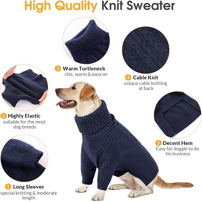 Queenmore XL Dog Sweater, Large Dog Sweaters for Dogs Girl or Boy, Extra Large Dog Christmas Sweater, Winter Big Dog Sweatshirt Knitwear, Pet Chunky Warm Coat for Small Medium Size Dogs, NavyBlue XL