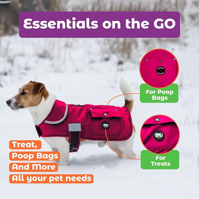 Joyride Harness FrostFlex Dog Winter Jacket - Fleece Lined & Water-Resistant - Snowsuit with Pockets for Treats & Poop Bags - Durable Cold Weather Dog Coat - Pink Berry-S