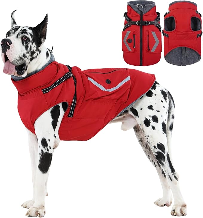 FUAMEY Dog Winter Coat Waterproof, Warm Fleece Lined Jacket for Dogs, Extra Large Goggie Vest with Harness Built in, Pet Cold Weather Coats Doggy Outfits Back Zipper, Border Collie (Red, 2XL)