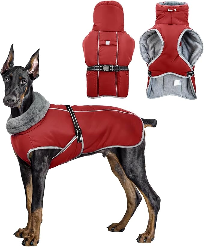 Dog Coats for Large Dogs,2XL Warm Fleece Winter Jacket,Dog Coat with Leash Hole,Waterproof Pet Cold Weather Coats Vest,Dogs Winter Clothes,Reflective Turtleneck PRT Snowsuit,Red,2XL