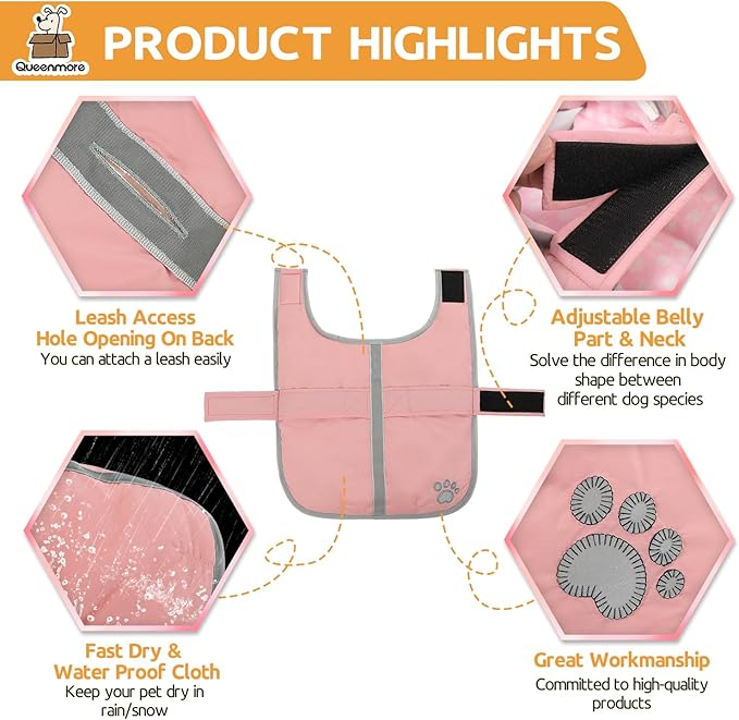 Queenmore winter dog coat - Fleece puffer down vest, waterproof reflective reversible sweater with sizes (light pink, M)