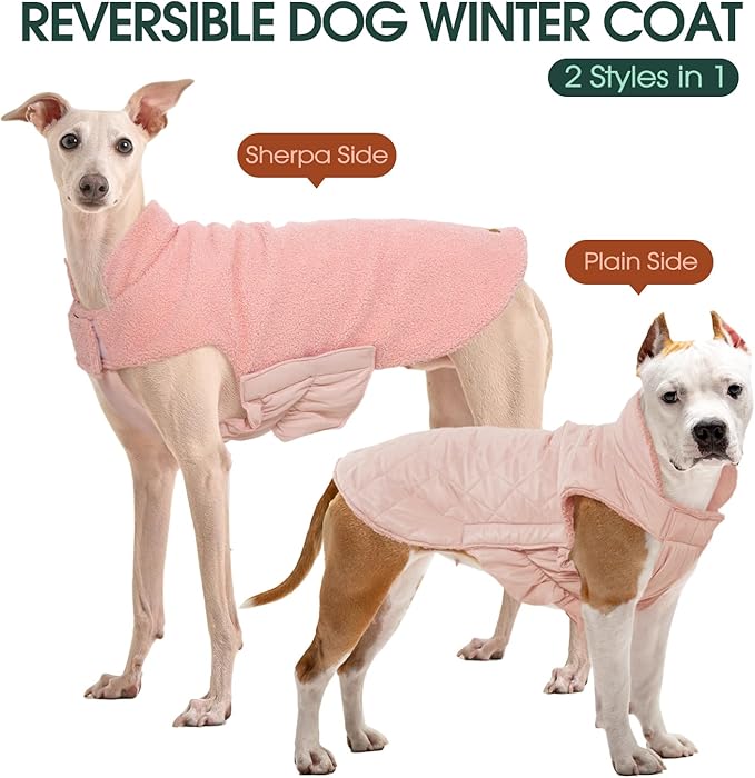 Kuoser Reversible Dog Coat – Warm Fleece & Quilted Waterproof Dog Jacket, Double-Sided Cold Weather Dogs Winter Coat with Harness Hole, Windproof Pet Snow Vest for Small Medium Large Dogs, Pink XS