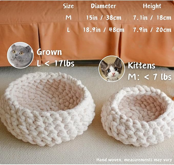 Cat Nest Bed – Premium Handwoven Washable Extra Soft Round Cave House for Indoor Kitten & Kitty, Small & Large (Cloud White,Large)