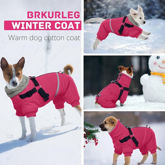 BRKURLEG Dog Winter Coat with Harness Built in, Winter Dog Jacket for Small and Medium Dogs, Small Dogs Snowsuit Reflective Windproof Cold Weather Coat, Puppy Warm Fleece Coats, Hot Pink, L