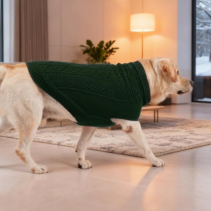 PUPTECK Dog Sweater, Turtleneck Warm Knitted Pullover Coat, Thick Cable Knitwear Clothes in Winter, Pet Apparel Outfits for Large Dogs, for Cold Weather Indoor & Outdoor, Deep Green L