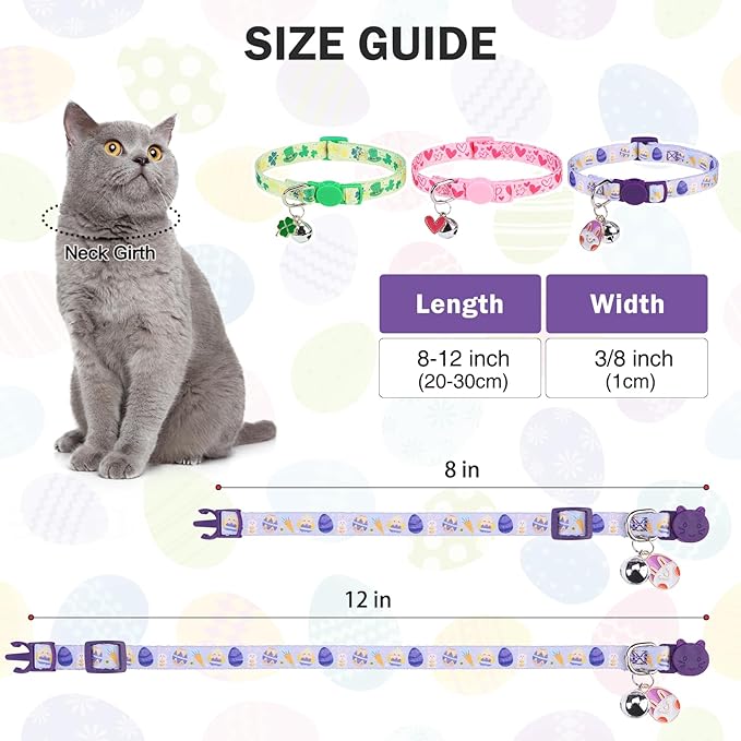 3 Pack St. Patricks Day Cat Collar Breakaway with Bell, Shamrock Irish Kitten Collar for Boys and Girls, Easter Valentine's Day Holiday Kitty Collar Adjustable 8"-12" for Puppy Small Pet