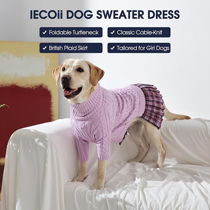 IECOii Girl Dog Sweater Dress, Great Dane Sweaters for Girl Dogs, Purple,5XL, Extra Large Dog Sweater for Female Dogs Pet Winter Dress for Giant Breeds - Xmas Turtleneck Knitwear for Cold Weather