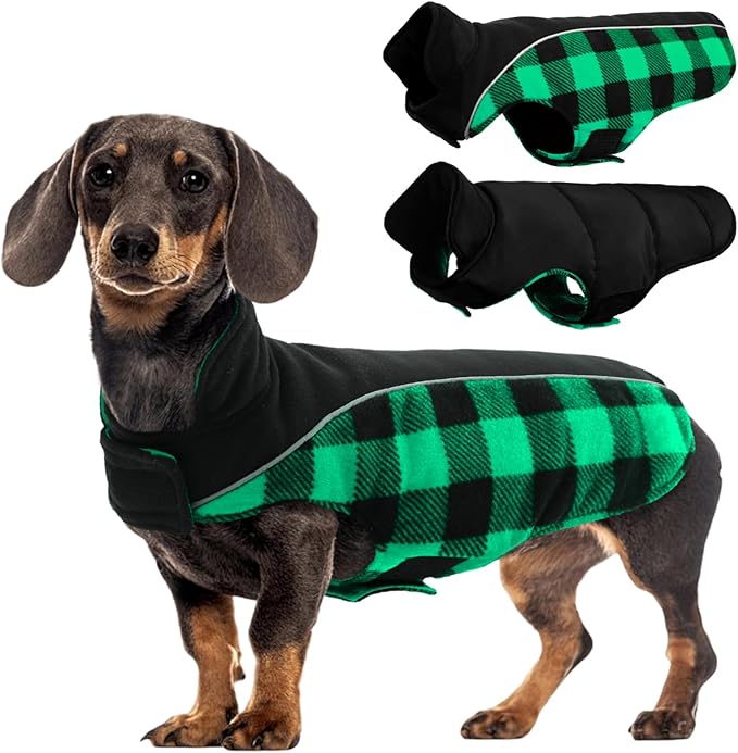 Kuoser Dog Winter Coat, Reversible Waterproof Dog Jacket with Reflective Strip, Warm Dogs Fleece Vest Adjustable Doggy Cold Weather Clothes Plaid Christmas Outfit Pet Apparel for Small Dogs, Green S