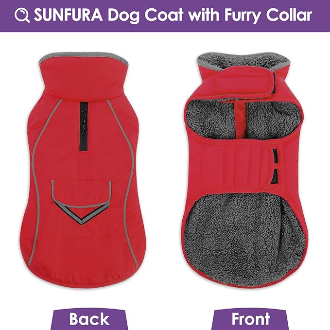 SUNFURA Dog Winter Coat, Medium Dog Coat Jacket with Fleece Lining for Cold Weather, Warm Puffer Jacket Turtleneck Snowsuit with Leash Hole for Jack Russel, Boston Terrier, Red M