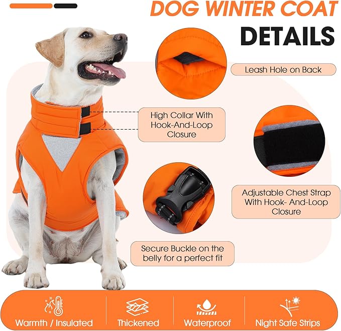XL Dog Coat, Warm Dog Winter Jacket, Waterproof Dogs Snowsuit with Foldable High Collar, Reflective Strips, Leash Hole, and Adjustable Hook & Loop Closure - Ideal for Cold Weather - Orange XL