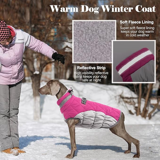 Lelepet Dog Coat Warm Dog Winter Coat Waterproof Dogs Jacket with Harness Built in Reflective Pet Fleece Vest Zip-Up Cold Weather Coats for Large Dogs Turtleneck & Windproof Coats Pitbull Rose Red 2XL