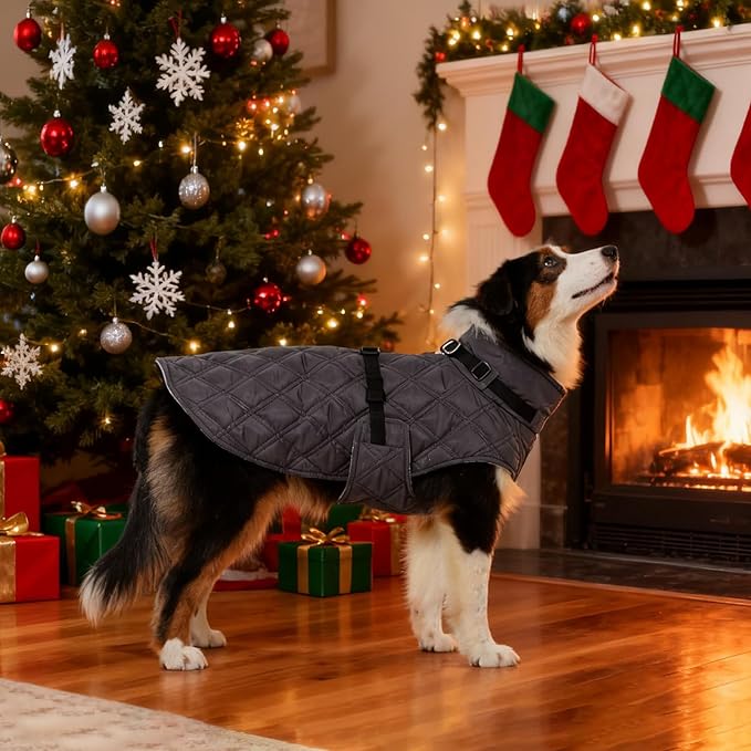 Kuoser Dog Coat Warm Fleece Lining Turtleneck Dog Jacket with Harness Built-in, Adjustable Windproof Cold Weather Coats with Quick Release Buckle Pet Winter Snowsuit for Extra Small Dogs, Grey XS