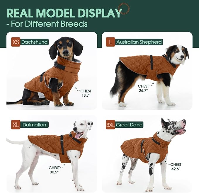 Kuoser Dog Coat Warm Fleece Lining Turtleneck Dog Jacket with Harness Built-in, Adjustable Windproof Cold Weather Coats with Quick Release Buckle Pet Winter Snowsuit for Extra Large Dogs, Khaki 3XL