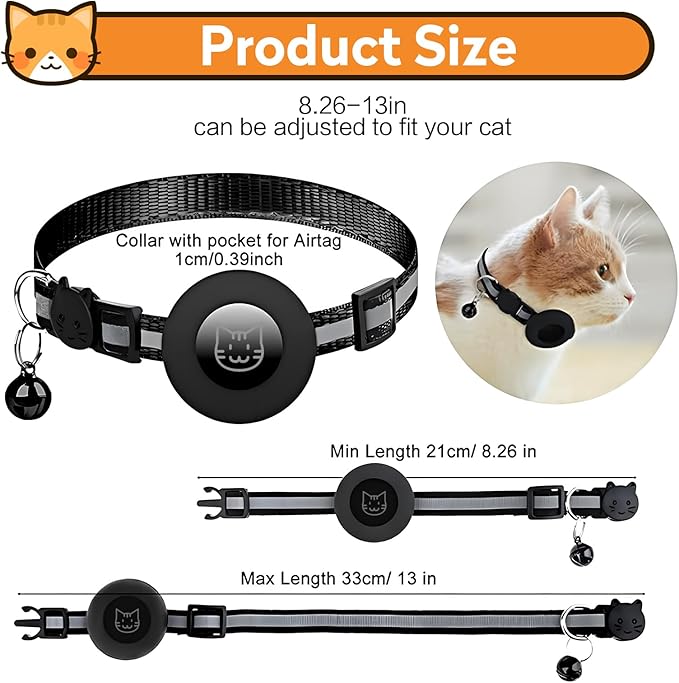 2 Pack Airtag Cat Collar with Bell, Reflective Nylon Kitten Collar with Apple Air Tag Holder and Breakaway Safety Buckle for Puppy Girl Boy Cats, 3/8" in Width and Lightweight, Yellow