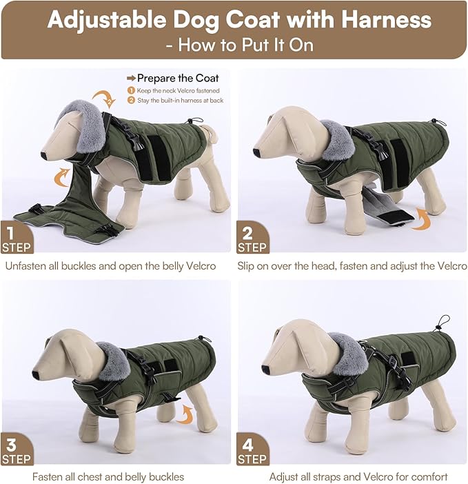Queenmore Winter Dog Jackets for Extra Large Dogs with Harness Built-in, Waterproof Puffer Coat for Large Breed, Pet Snow Jacket for Winter/Cold Weather - Fleece Easy On Reflective, Green XL