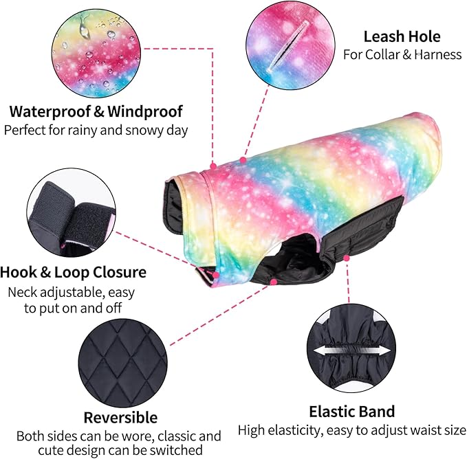 CuteBone Winter Dog Jacket - Waterproof, Windproof, Reversible, Adjustable Cold Weather Coat for Small to Large Dogs - Soft, Thick, with Leash Hole