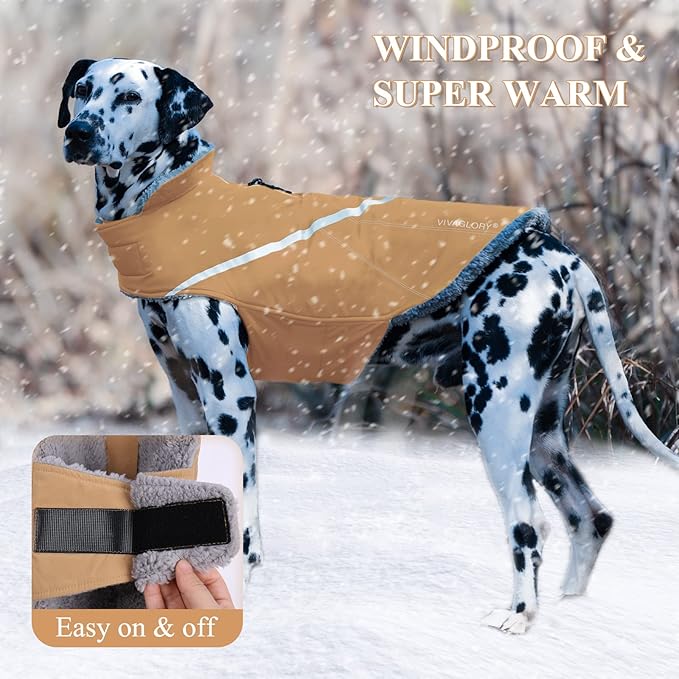 VIVAGLORY Snowrap Dog Coat, Jacket with Harness Hole & Velcro Closure, Dog Coat for Winter & Cold Weather, Fluffy Warm Fleece Lined Reflective Water Resistant for Puppy, XL, Khaki