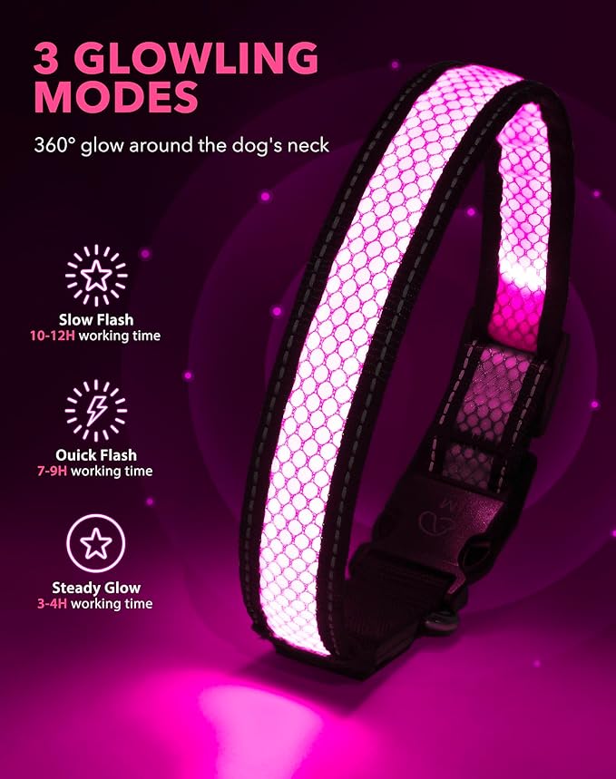 Weesiber Light Up Dog Collar, USB Rechargeable LED Dog Collar Glow in The Dark, Adjustable Reflective Waterproof Dog Collar Light for Night Walking(Pink, S)