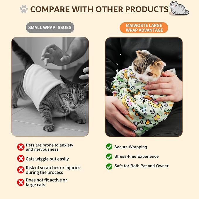 27.6" Large Cat Grooming Wrap – Anti-Escape Cat Wrap for Cutting Nails, Brushing & Medication – Soft, Comfortable, Reusable, Self-Adhering, Holds Cats Up to 15lbs (Cow Corn)