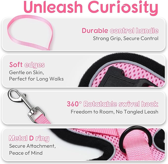 Dooradar Cat Harness and Leash Set, Escape Proof Safe Adjustable Kitten Vest Harnesses for Walking, Easy Control Soft Breathable Mesh Jacket with Reflective Strips for Cats, Pink, XS