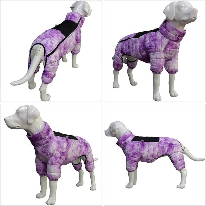 Micai Dog Jacket, 4-Legs Covered Waterproof Windproof Reflective Warm Vest, Zippered Adjustable Outdoor Dog Snow Jacket for Small to XXL Dogs-Purple