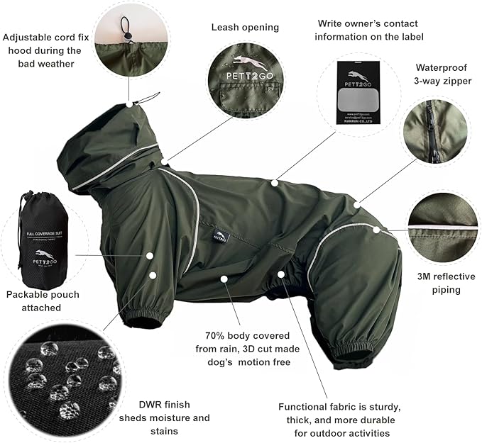Dog Lightweight Windbreaker, Dog Outdoor 4-Legs Jacket, 0.5 lbs,Durable Water Repellent, Hooded, Easy on/Off with Collar and Harness, Reflective, Packable,Dark Olive (X-Small)