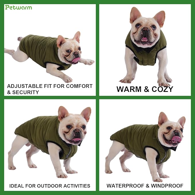 PetWarm Reversible Dog Winter Coat, Windproof Dog Puffer Vest, Soft Vest for Dogs with Hook-and-Loop Strap for Easy Dressing, Waterproof Coat for Dogs with Adjustable Fit, Green, XS