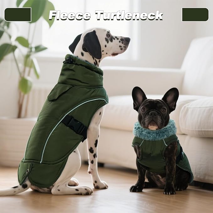 DENTRUN Extra Large Warm Dog Jacket - Windproof Water Repellent Reflective Coat, Adjustable Plush Turtleneck, Easy Wear Fleece Lined Cold Weather Vest for Great Dane, Army Green, XXXL