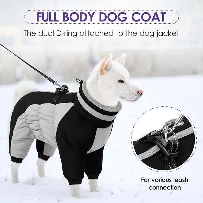 SUNFURA Full Body Dog Coat - Warm Fleece Jacket for Medium Dogs, Turtleneck Winter Coats with Harness, Reflective Dog Snowsuit Windproof Puffer Jackets with Legs for Boston Terrier, Black M
