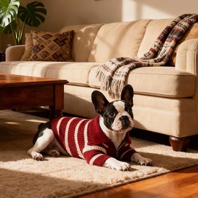 Small Dog Sweater with Zipper, Knitted Striped Pullover Dog Clothes for Cold Weather, Thick Warm Cozy Stretchy Sweater for Chihuahua, Bulldog, Dachshund, Pug(Red & White Strip, S)