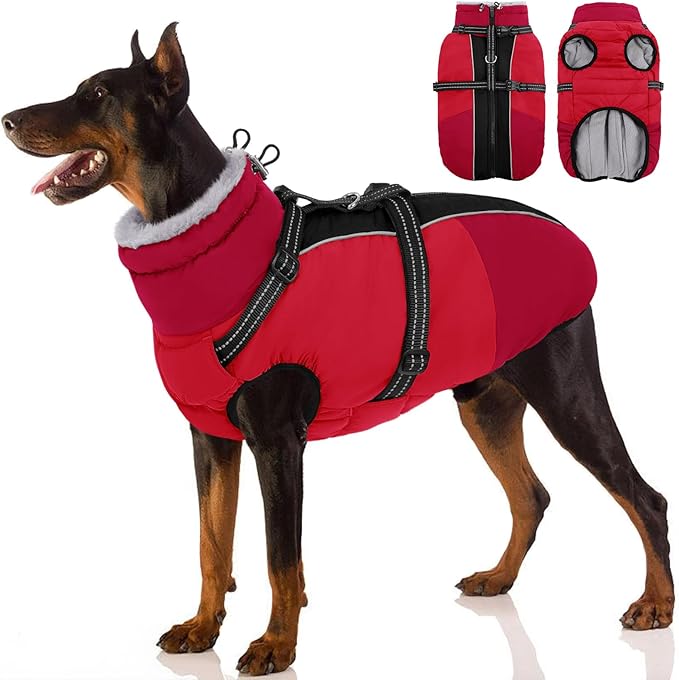 SUNFURA Dog Coat, Warm Dog Jacket with Harness Built in, Waterproof Pet Winter Coat Snowsuit with Zipper, Reflective Fleece Jacket for Extra Large Dogs, Weimaraner, Red XXL