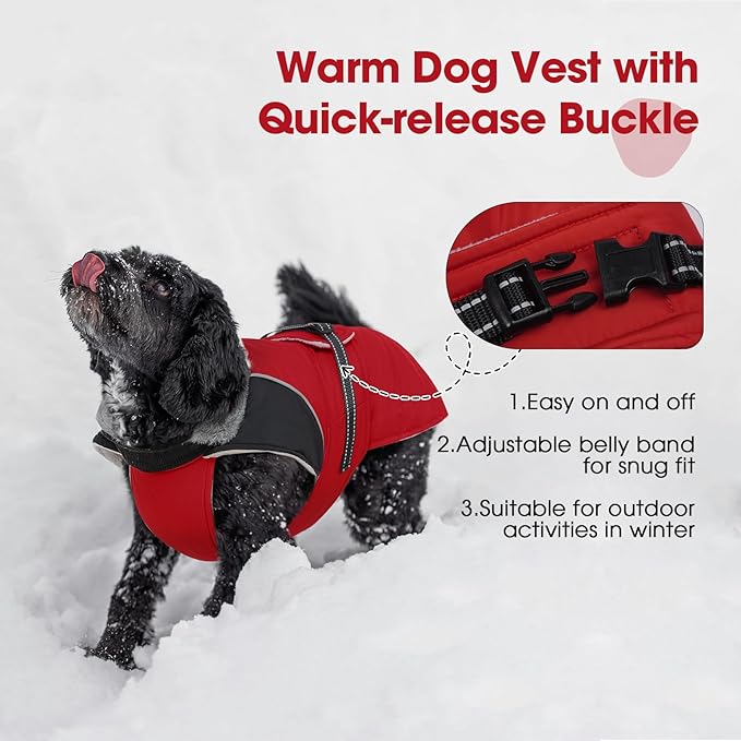 Nanaki Large Dog Coats for Winter Waterproof, Warm Fleece Lining Reflective Large Dog Jacket with Leash Hole,Furry Collar Cold Weather Puppy Jacket Outdoor Walking Hunting Easy On Pet Snow, Red 2XL