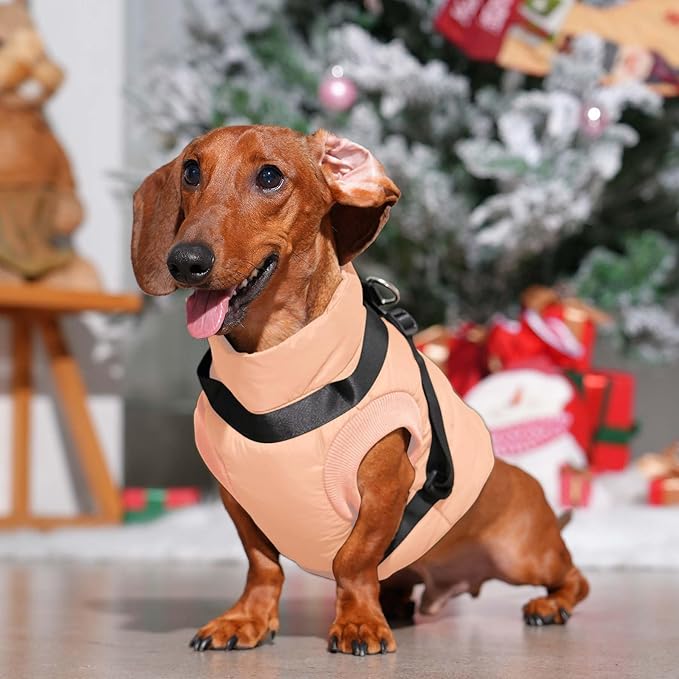 Dog Jacket with Harness,Fleece Lined Warm Puppy Coat for Winter,Soft Windproof Large Dog Vest,LightOrange XXXL