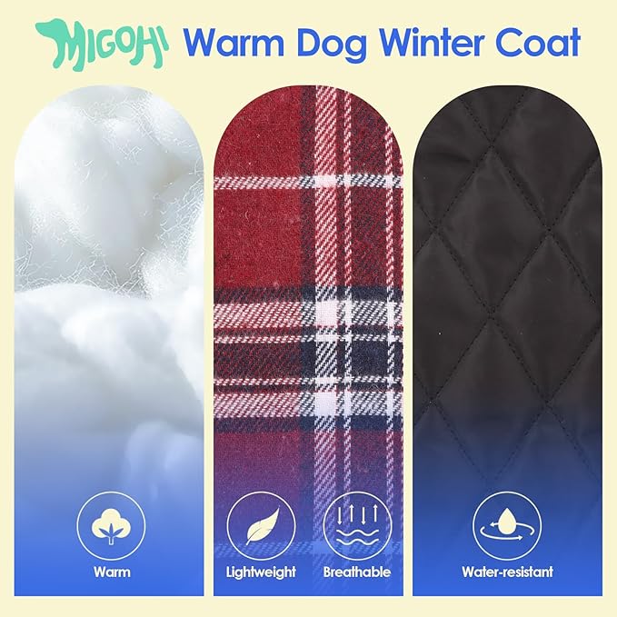 MIGOHI Dog Coat, Windproof Waterproof Reversible Jacket for Winter, British Style Plaid Warm Vest with Harness Hole, Small Medium Large Dogs, Cold Weather Coats, Red, XXL